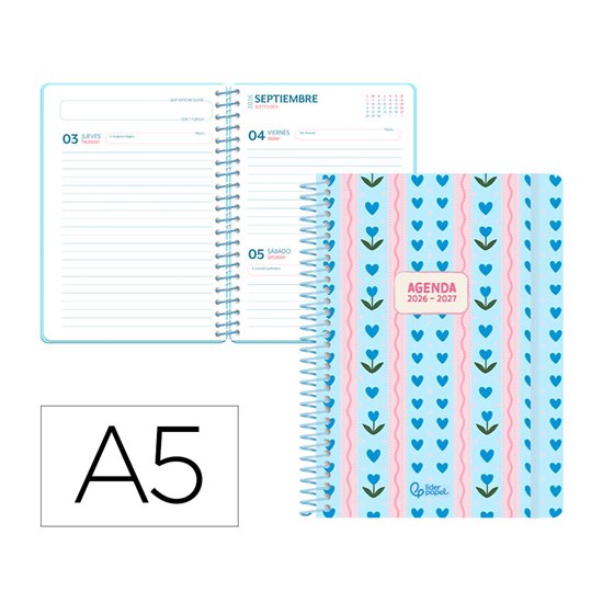 Agenda escolar liderpapel 26-27 espiral cottage dia pagina a5 bilingue 80g papel fsc azul corazones