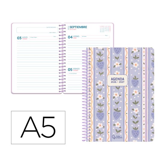 Agenda escolar liderpapel 26-27 espiral fantasy a dia pagina a5 bilingue 80g papel fsc azul fresas