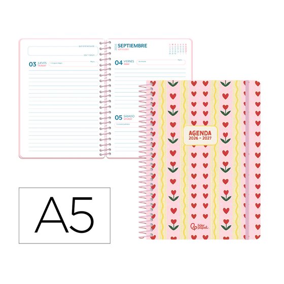 Agenda escolar liderpapel 26-27 espiral cottage dia pagina a5 bilingue 80g papel fsc rosa corazones