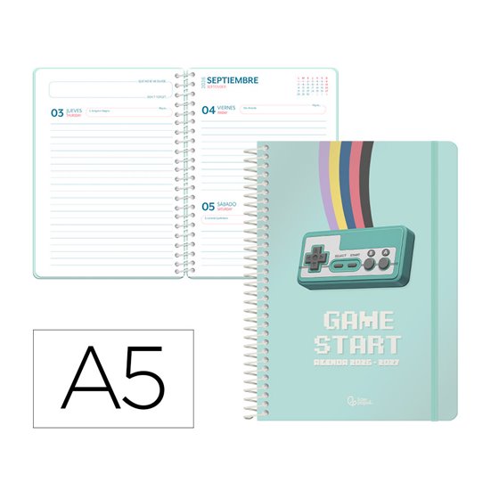 Agenda escolar liderpapel 26-27 espiral game on dia pagina a5 bilingue 80g papel fsc verde