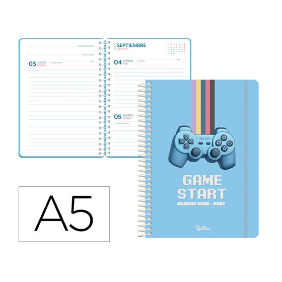 Agenda escolar liderpapel 26-27 espiral game on dia pagina a5 bilingue 80g papel fsc azul