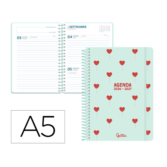 Agenda escolar liderpapel 26-27 espiral petite dia pagina a5 bilingue 80g papel fsc morado