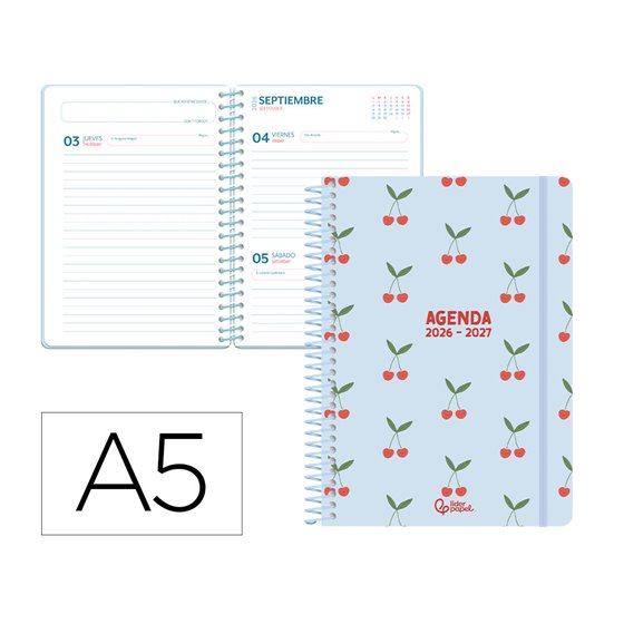 Agenda escolar liderpapel 26-27 espiral petite dia pagina a5 bilingue 80g papel fsc azul