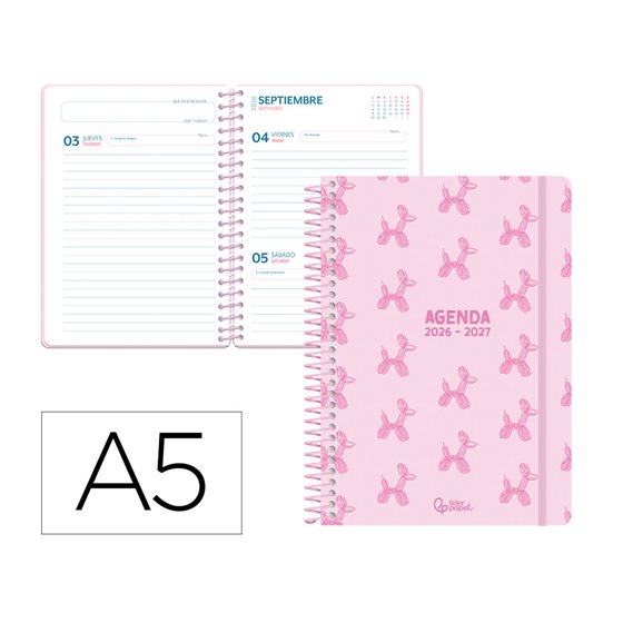 Agenda escolar liderpapel 26-27 espiral petite dia pagina a5 bilingue 80g papel fsc rosa
