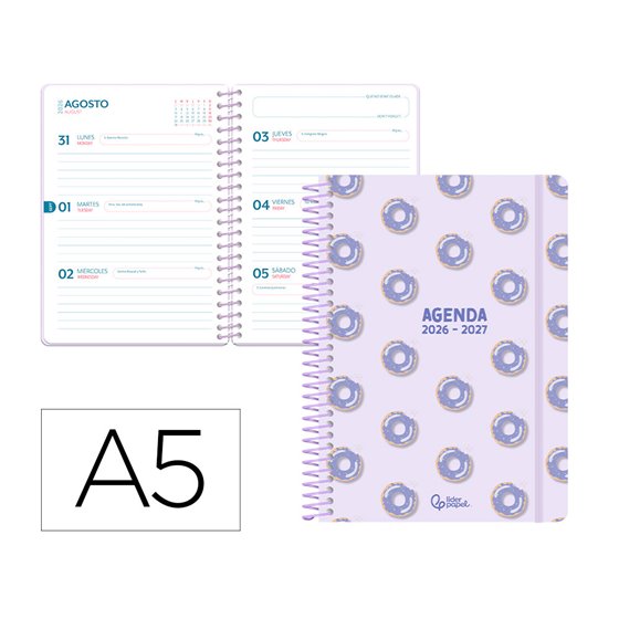 Agenda escolar liderpapel 26-27 espiral petite semana vista a5 bilingue 80g papel fsc verde