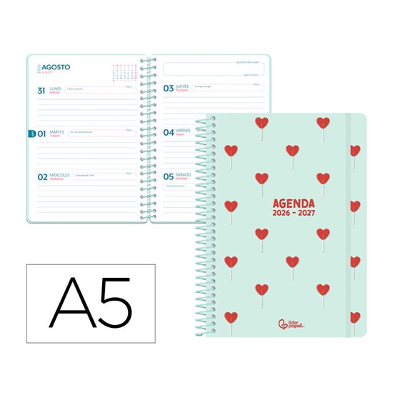 Agenda escolar liderpapel 26-27 espiral petite semana vista a5 bilingue 80g papel fsc morado