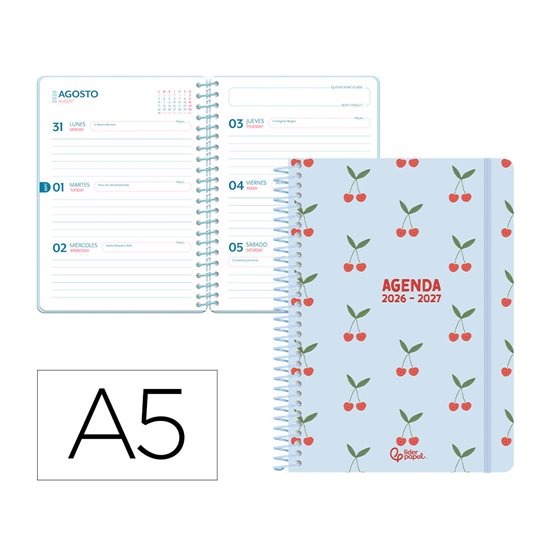 Agenda escolar liderpapel 26-27 espiral petite semana vista a5 bilingue 80g papel fsc azul