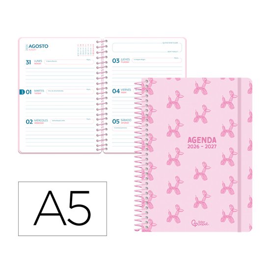 Agenda escolar liderpapel 26-27 espiral petite semana vista a5 bilingue 80g papel fsc rosa
