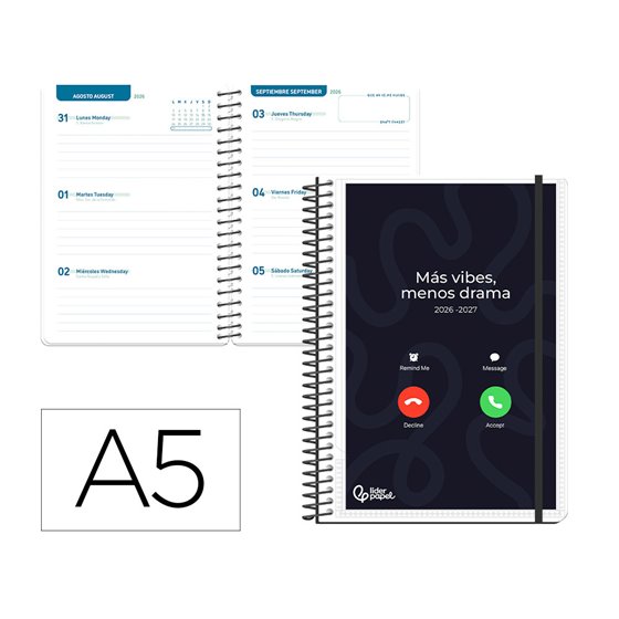 Agenda escolar liderpapel 26-27 espiral personalizable semana vista a5 bilingue 70g papel fsc