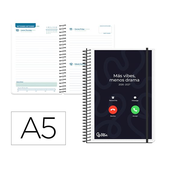 Agenda escolar liderpapel 26-27 espiral personalizable dia pagina a5 bilingue 70g papel fsc