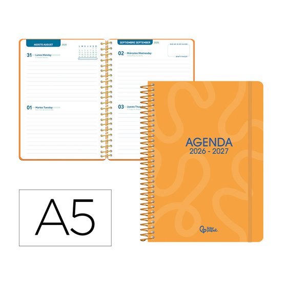Agenda escolar liderpapel 26-27 espiral classic 2 dias pagina a5 bilingue 70g papel fsc naranja