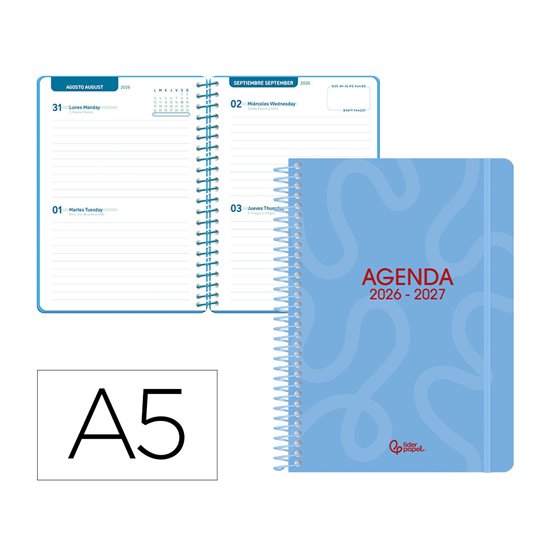 Agenda escolar liderpapel 26-27 espiral classic 2 dias pagina a5 bilingue 70g papel fsc azul