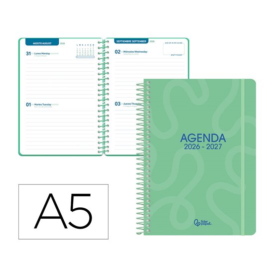 Agenda escolar liderpapel 26-27 espiral classic 2 dias pagina a5 bilingue 70g papel fsc verde