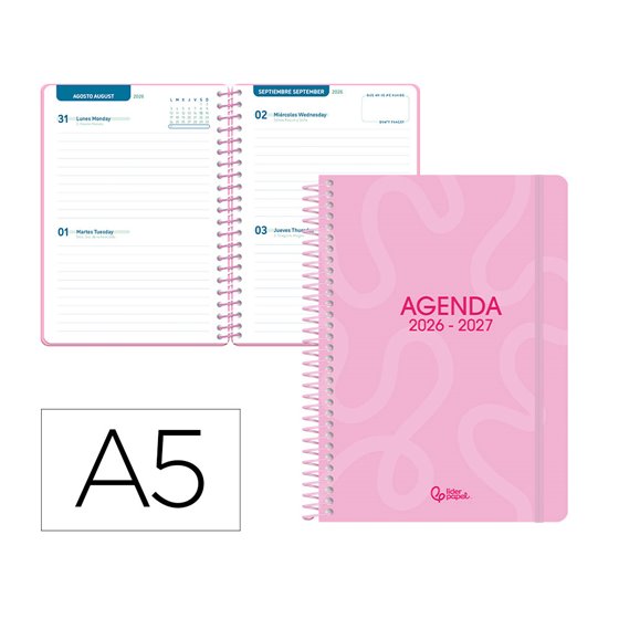 Agenda escolar liderpapel 26-27 espiral classic 2 dias pagina a5 bilingue 70g papel fsc rosa