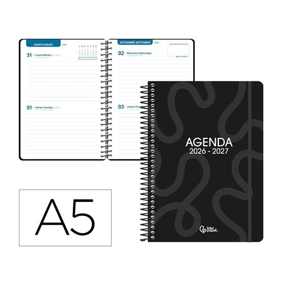 Agenda escolar liderpapel 26-27 espiral classic 2 dias pagina a5 bilingue 70g papel fsc negro