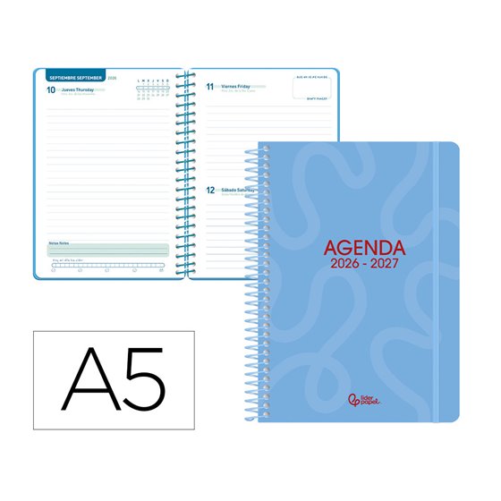 Agenda escolar liderpapel 26-27 espiral classic dia pagina a5 bilingue 70g papel fsc azul
