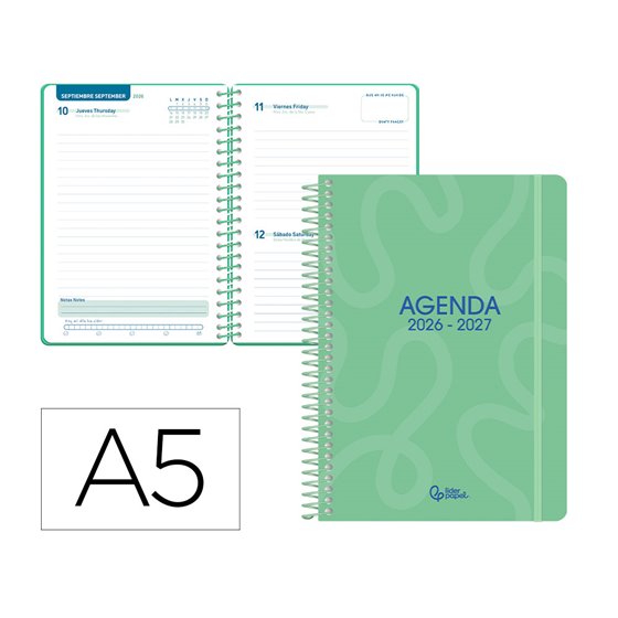 Agenda escolar liderpapel 26-27 espiral classic dia pagina a5 bilingue 70g papel fsc verde