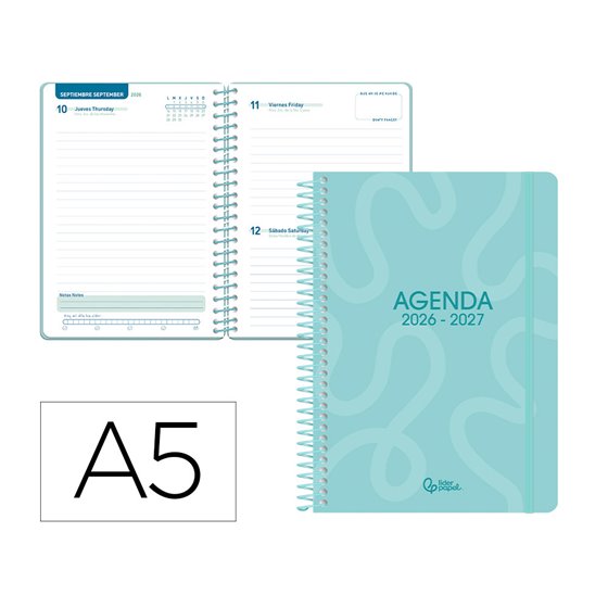 Agenda escolar liderpapel 26-27 espiral classic dia pagina a5 bilingue 70g papel fsc azul turquesa