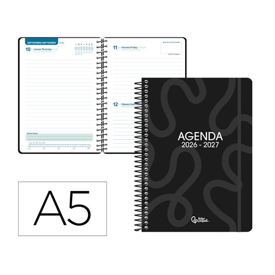 Agenda escolar liderpapel 26-27 espiral classic dia pagina a5 bilingue 70g papel fsc negro
