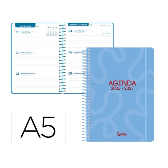 Agenda escolar liderpapel 26-27 espiral classic semana vista a5 bilingue 70g papel fsc azul