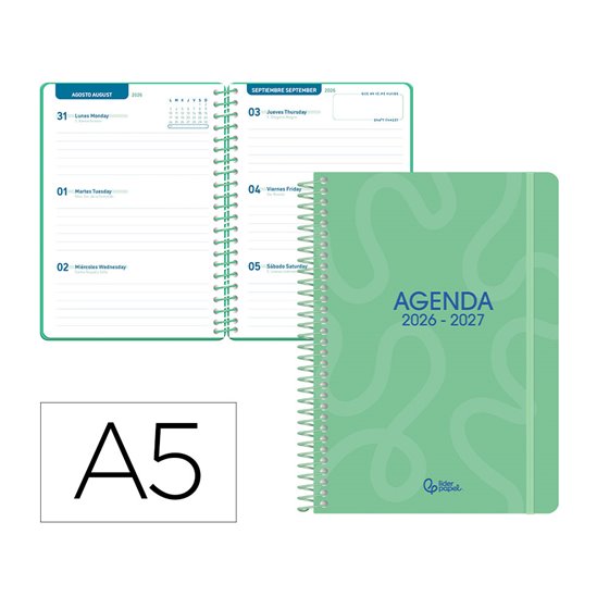Agenda escolar liderpapel 26-27 espiral classic semana vista a5 bilingue 70g papel fsc verde