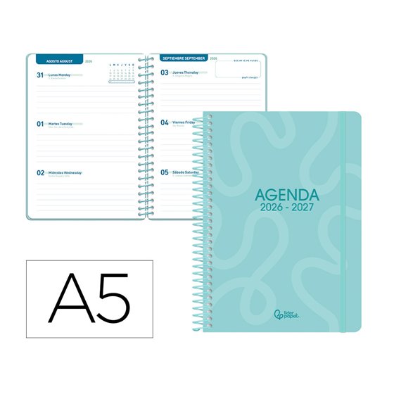 Agenda escolar liderpapel 26-27 espiral classic semana vista a5 bilingue 70g papel fsc azul turquesa