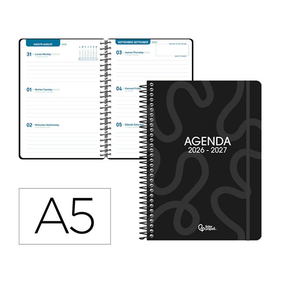 Agenda escolar liderpapel 26-27 espiral classic semana vista a5 bilingue 70g papel fsc negro