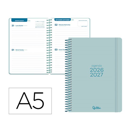 Agenda escolar liderpapel 26-27 espiral basic 2 dias pagina a5 bilingue 70g papel fsc morado