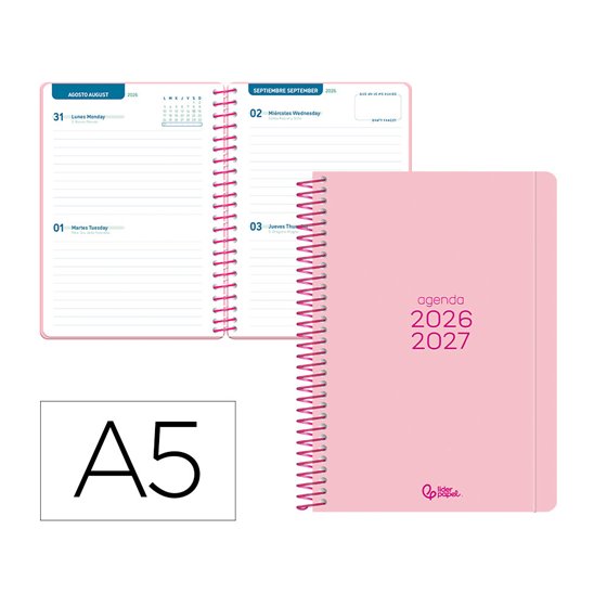 Agenda escolar liderpapel 26-27 espiral basic 2 dias pagina a5 bilingue 70g papel fsc rosa