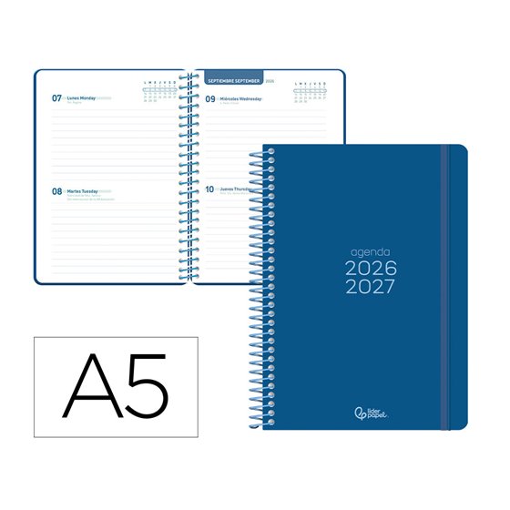 Agenda escolar liderpapel 26-27 espiral basic 2 dias pagina a5 bilingue 70g papel fsc azul marino