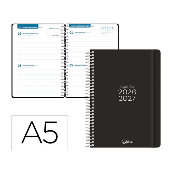 Agenda escolar liderpapel 26-27 espiral basic 2 dias pagina a5 bilingue 70g papel fsc negro