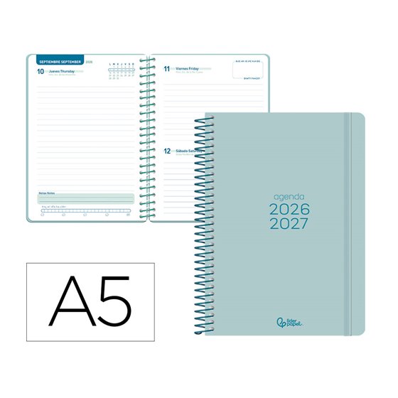 Agenda escolar liderpapel 26-27 espiral basic dia pagina a5 bilingue 70g papel fsc morado