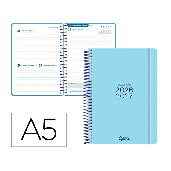 Agenda escolar liderpapel 26-27 espiral basic dia pagina a5 bilingue 70g papel fsc azul turquesa
