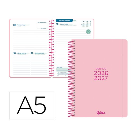 Agenda escolar liderpapel 26-27 espiral basic dia pagina a5 bilingue 70g papel fsc rosa