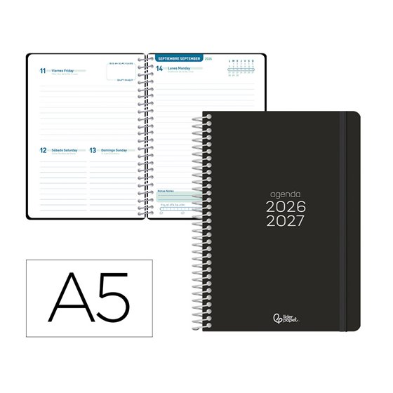 Agenda escolar liderpapel 26-27 espiral basic dia pagina a5 bilingue 70g papel fsc negro