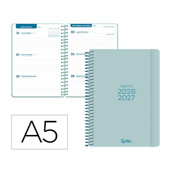 Agenda escolar liderpapel 26-27 espiral basic semana vista a5 bilingue 70g papel fsc morado