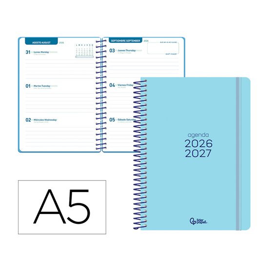 Agenda escolar liderpapel 26-27 espiral basic semana vista a5 bilingue 70g papel fsc azul turquesa