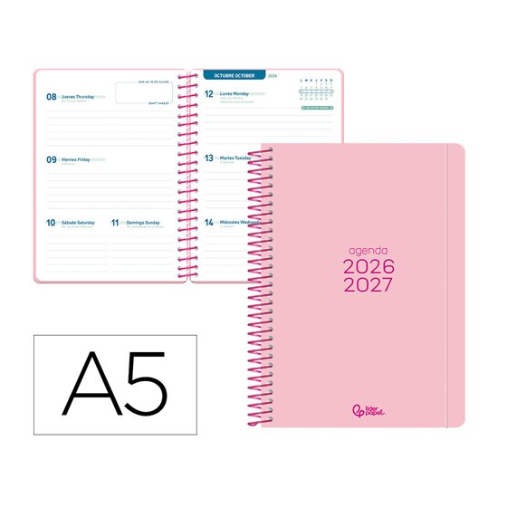 Agenda escolar liderpapel 26-27 espiral basic semana vista a5 bilingue 70g papel fsc rosa