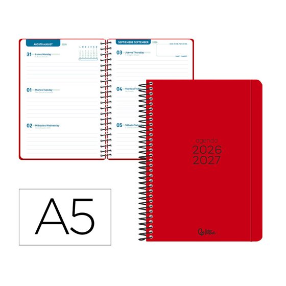 Agenda escolar liderpapel 26-27 espiral basic semana vista a5 bilingue 70g papel fsc rojo