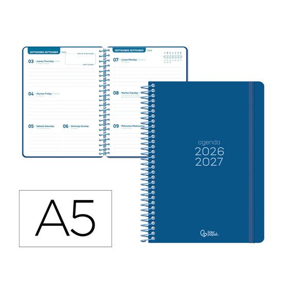 Agenda escolar liderpapel 26-27 espiral basic semana vista a5 bilingue 70g papel fsc azul marino
