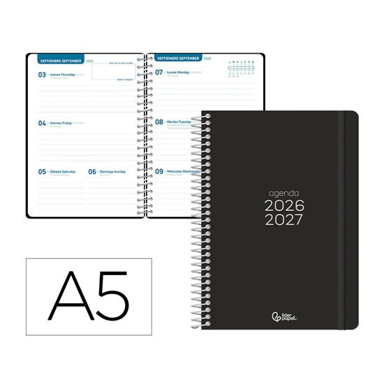 Agenda escolar liderpapel 26-27 espiral basic semana vista a5 bilingue 70g papel fsc negro