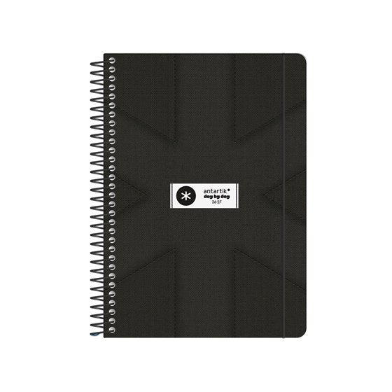 Agenda escolar antartik 26-27 espiral pack and go dia pagina a5+ bilingue 80g papel fsc negro