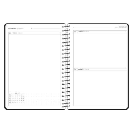 Agenda escolar antartik 26-27 espiral pack and go dia pagina a5+ bilingue 80g papel fsc negro