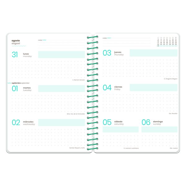 Agenda escolar liderpapel 26-27 espiral flowers semana vista a6+ bilingue 80g papel fsc blanco