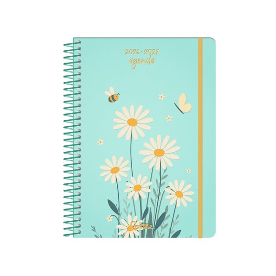 Agenda escolar liderpapel 26-27 espiral flowers dia pagina a5+ bilingue 80g papel fsc azul