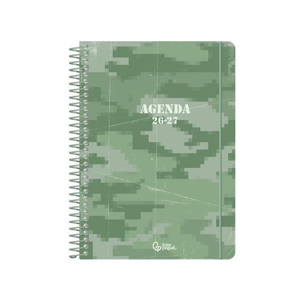Agenda escolar liderpapel 26-27 espiral military dia pagina a6+ bilingue 80g papel fsc verde militar