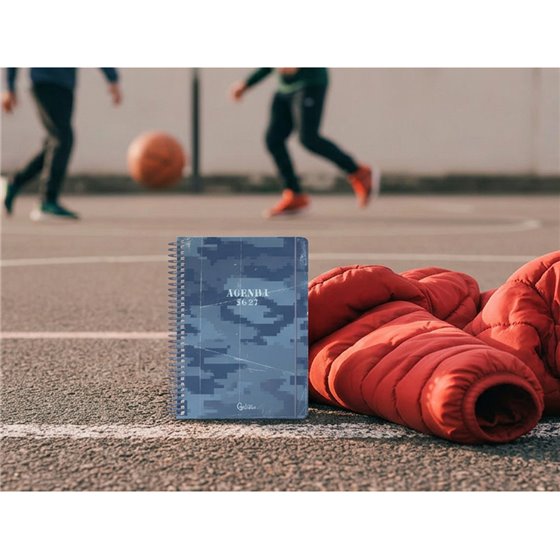 Agenda escolar liderpapel 26-27 espiral military dia pagina a6+ bilingue 80g papel fsc azul