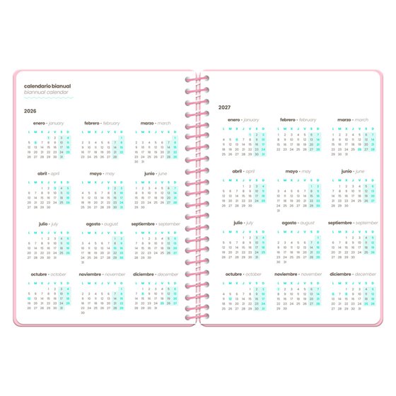 Agenda escolar liderpapel 26-27 espiral military semana vista a6+ bilingue 80g papel fsc rosa