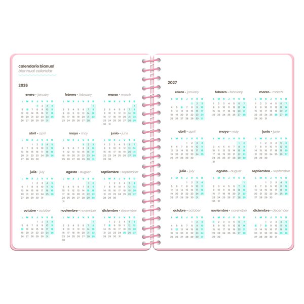 Agenda escolar liderpapel 26-27 espiral military semana vista a6+ bilingue 80g papel fsc rosa