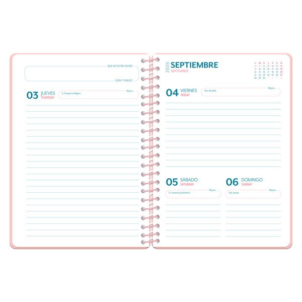 Agenda escolar liderpapel 26-27 espiral save planet dia pagina a5 bilingue 80g papel fsc rosa